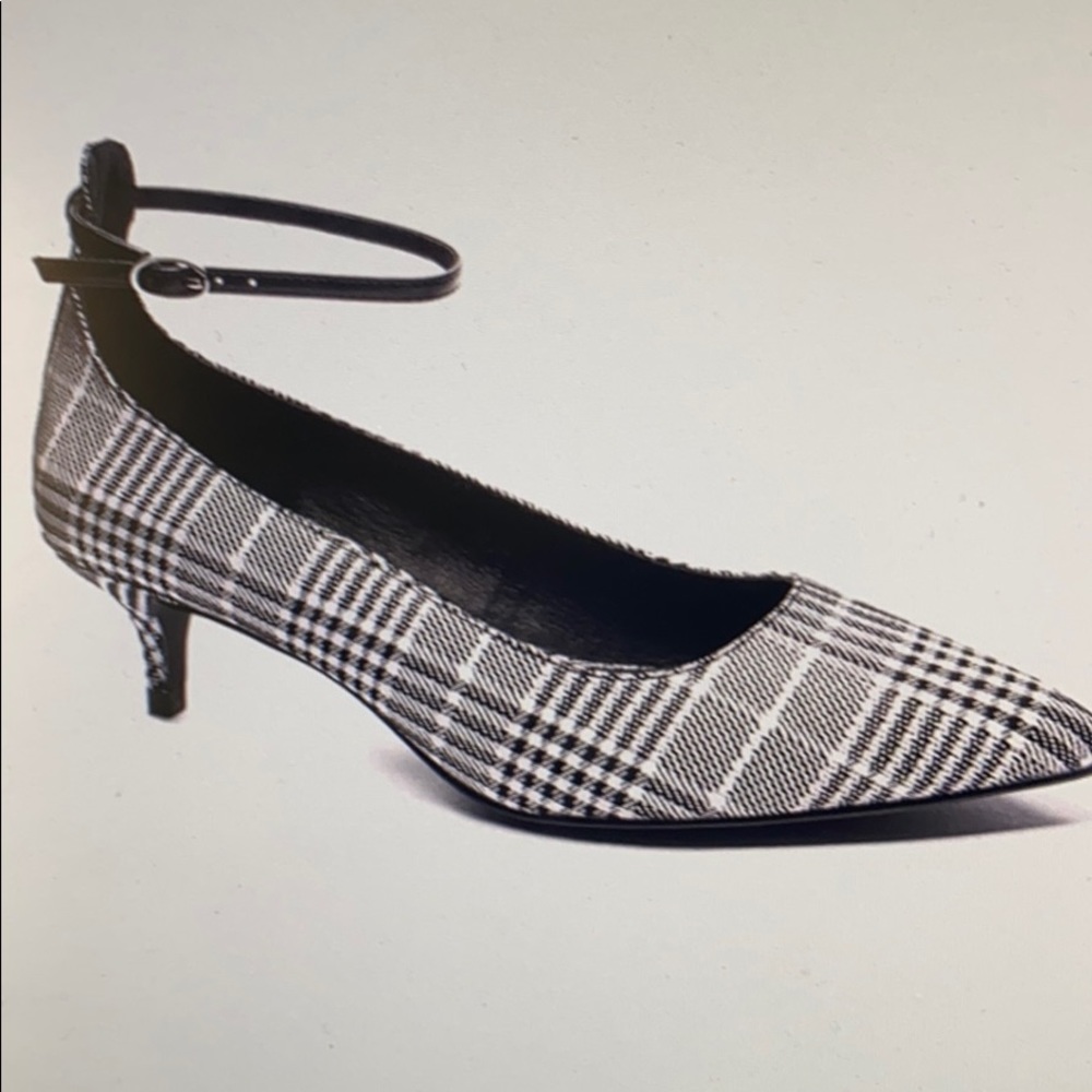 Chinese Laundry Black and White Plaid Pointed Kitten Heel with Ankle Strap